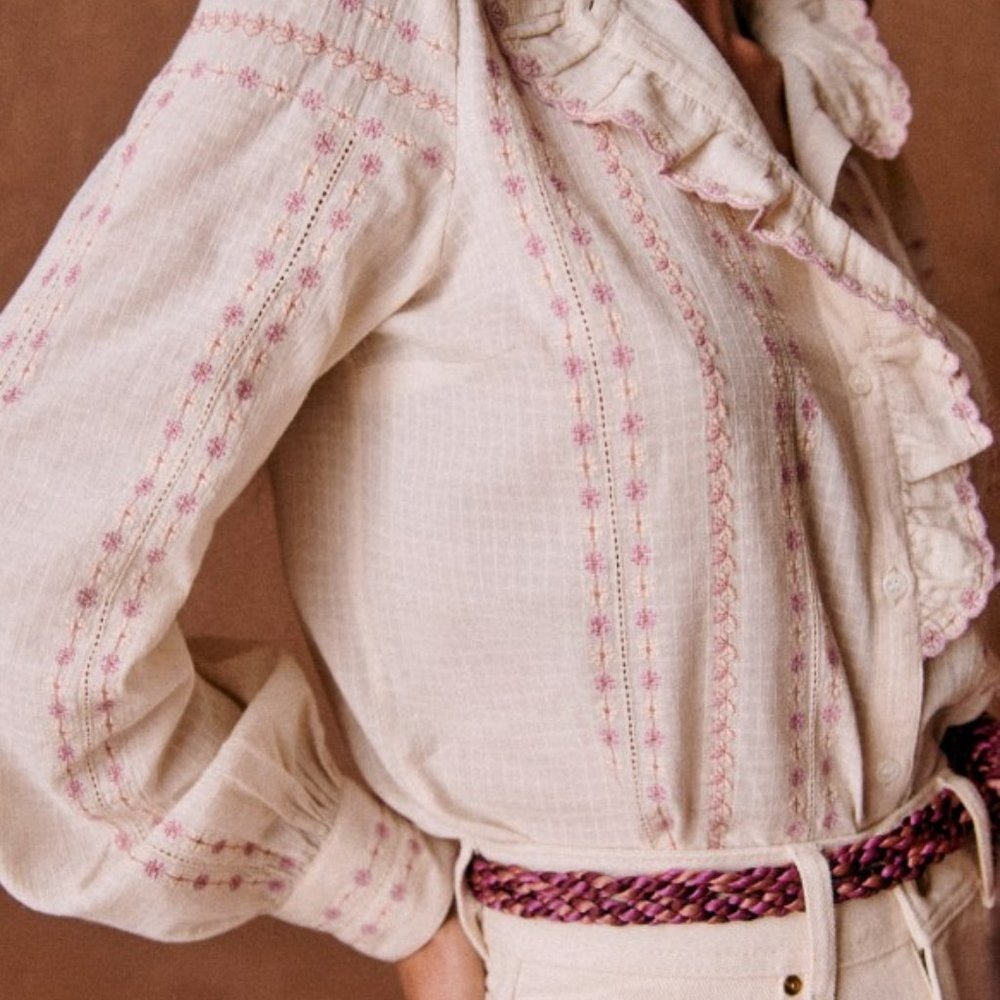 Sezane Chloe blouse ecru pink sz 32-4-0